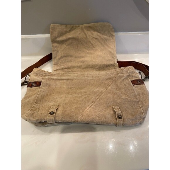 Boho Canvas & Leather Fleur De Lis Messenger Vintage Chic Look Crossbody Bag - Picture 7 of 11